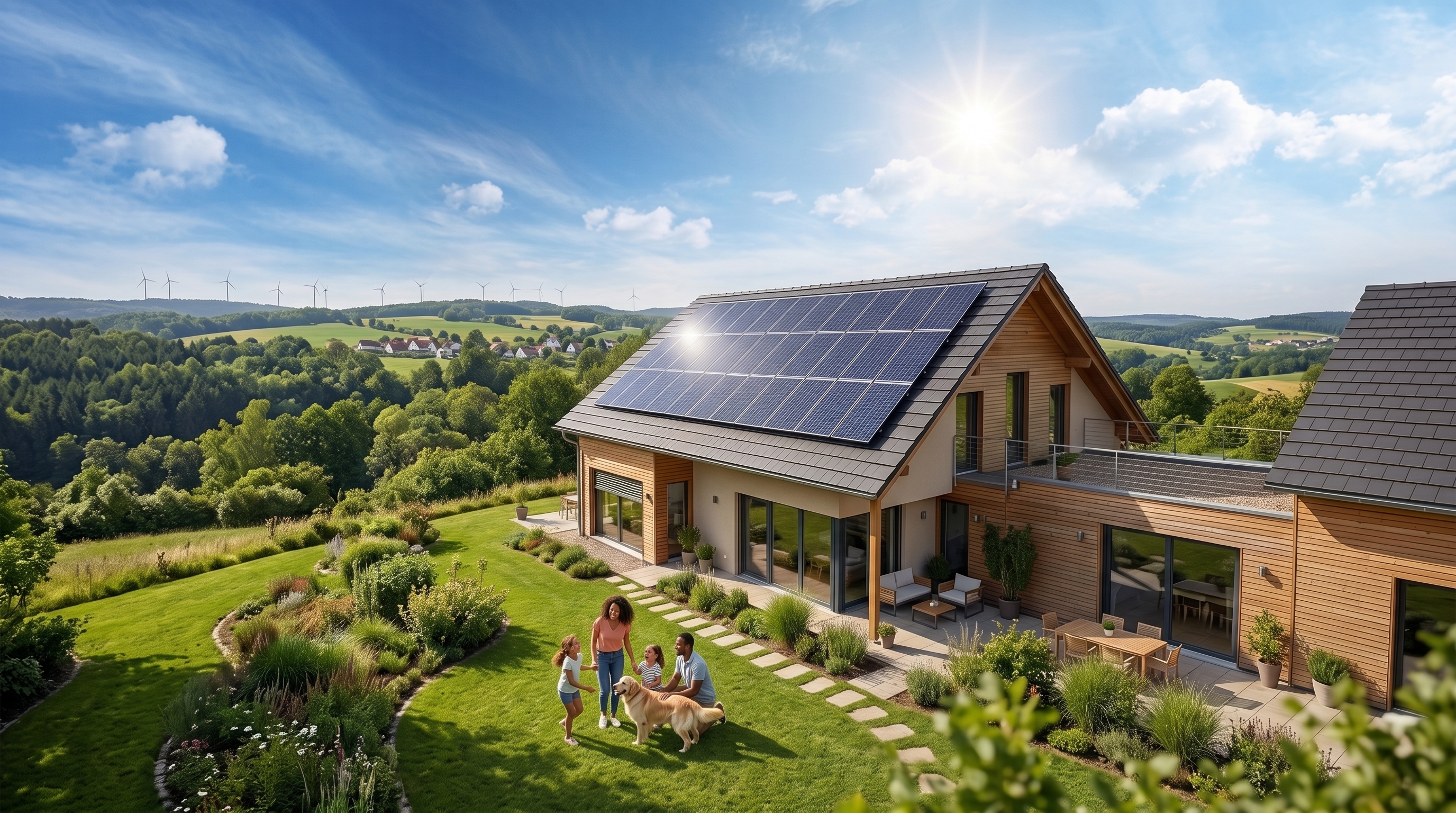 Casa moderna com painéis solares no telhado sob céu azul